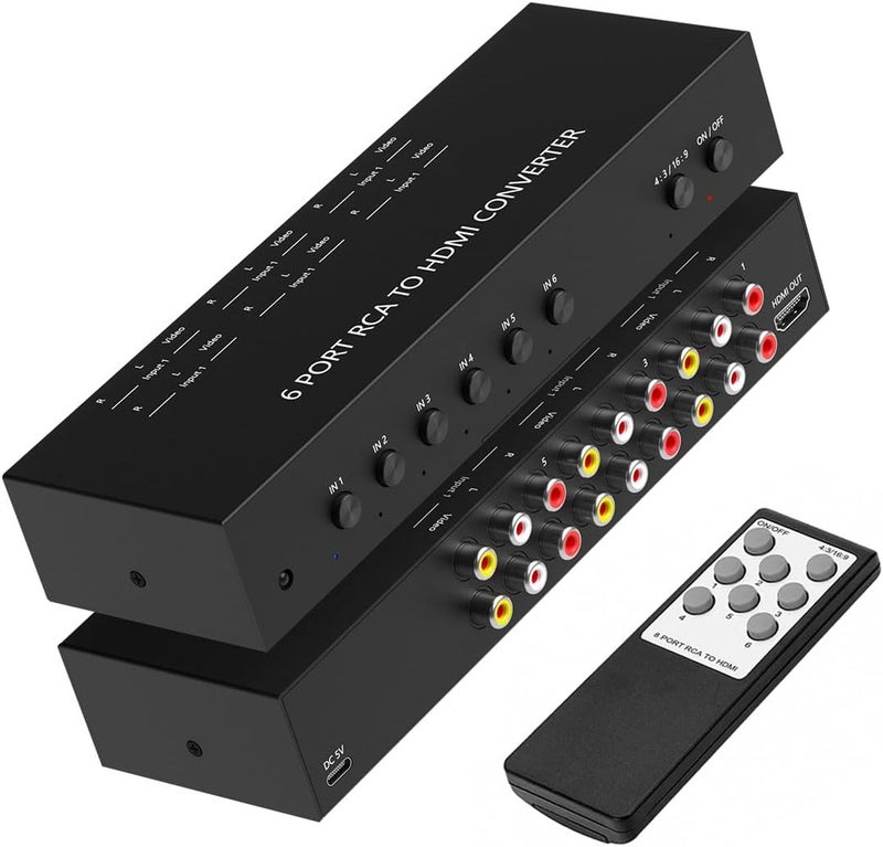 OseTub 6 Port RCA to HDMI Converter, Dual AV to HDMI Converter Supports 16:9/4:3 Composite to HDMIAdapter Support 1080P PAL/NTSC Compatible with Sega/Xbox/PS1/PS2/PS3/WII/N64/VHS, VCRs, and DVD Players - Image 1